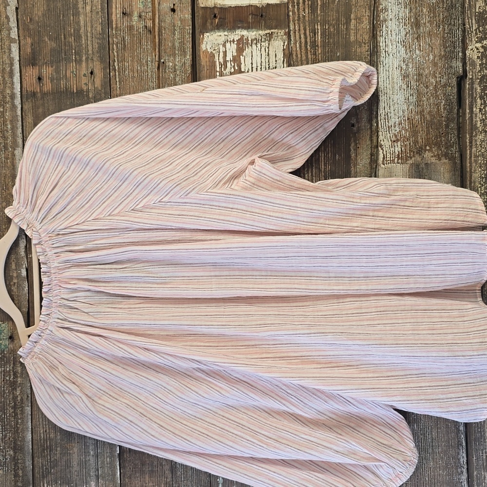 BeachLunchLounge Striped Pink Peasant Blouse With Ruffled Collar, SIZE L - Picture 2 of 4